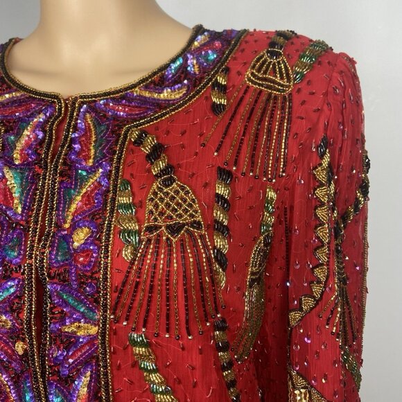 Vintage Laurence Kazar Heavy Beaded Silk Jacket Sz L Formal Tassel Blazer - Picture 4 of 12